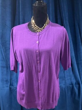 August Silk Purple Short-Sleeve Button-Front Knit cardigan